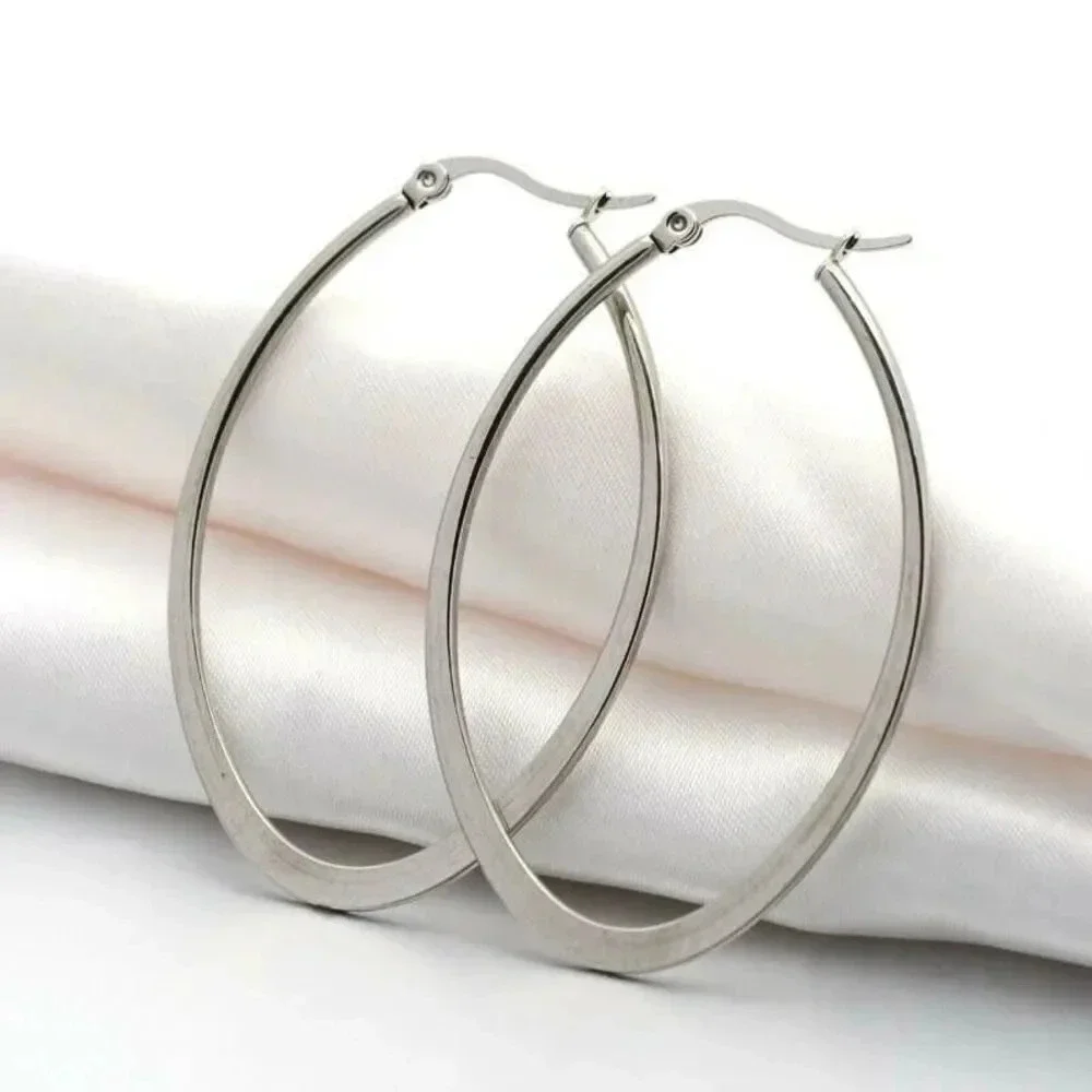 Surgical Stainless Steel Bladed Oval 54x35mm Silver Hoop Earrings